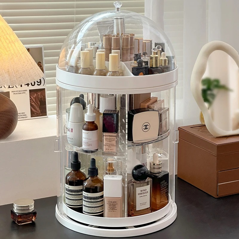 Luxury Skincare Design - 回転式アクリル製コスメオーガナイザー - 防塵メイク収納ボックス（化粧台用スキンケアディスプレイ棚、高級デザイン） ‌