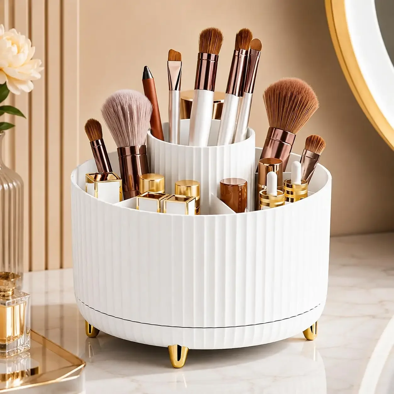 360度回転式メイクアップオーガナイザー 高級ストライプコス - Luxury Skincare Display のレビューと価格